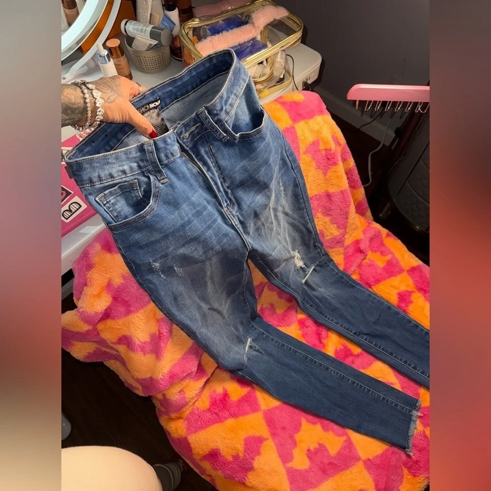 Fashion Nova Dark Blue Distressed Skinny Jeans